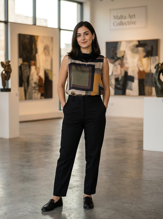 Sleeveless Silky High-Neck Top in Autumn Tones