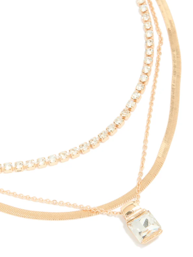Gold Diamante & Snake Chain Layered Necklace — New, Triple Strand, Statement Jewellery
