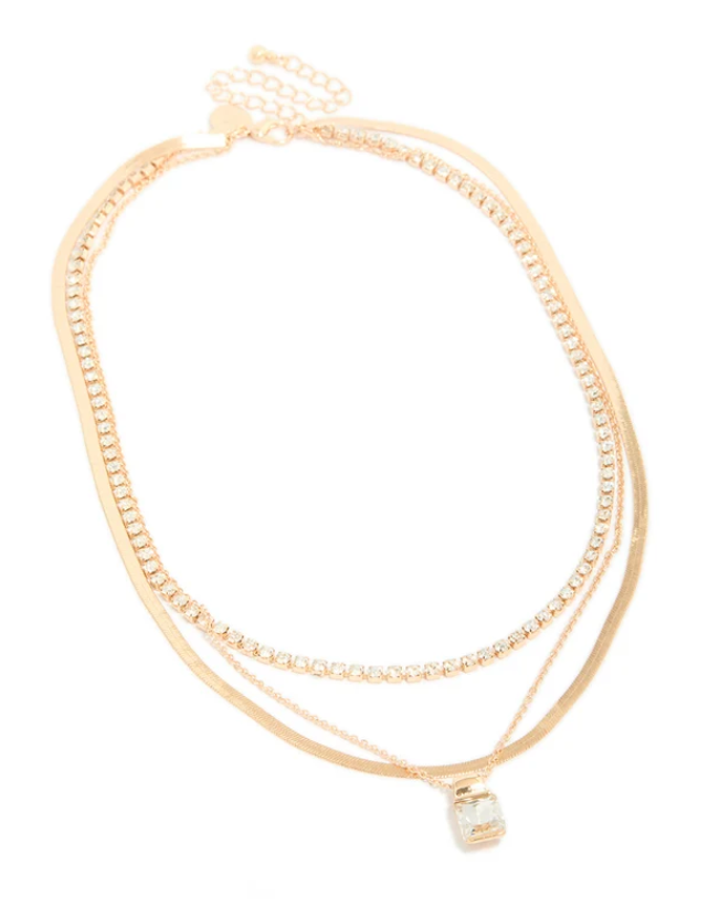 Gold Diamante & Snake Chain Layered Necklace — New, Triple Strand, Statement Jewellery