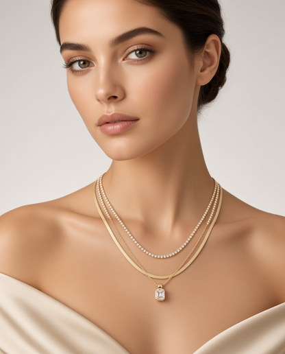 Gold Diamante & Snake Chain Layered Necklace — New, Triple Strand, Statement Jewellery